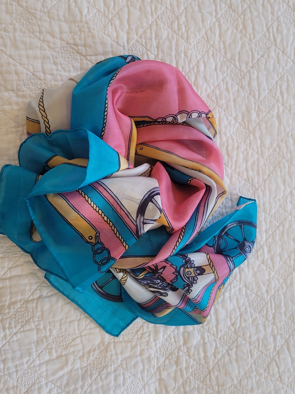 ALSA Spanish Silk Teal & Pink Nautical Rope & Wheel Old-world Print Scarf - Picture 10 of 11